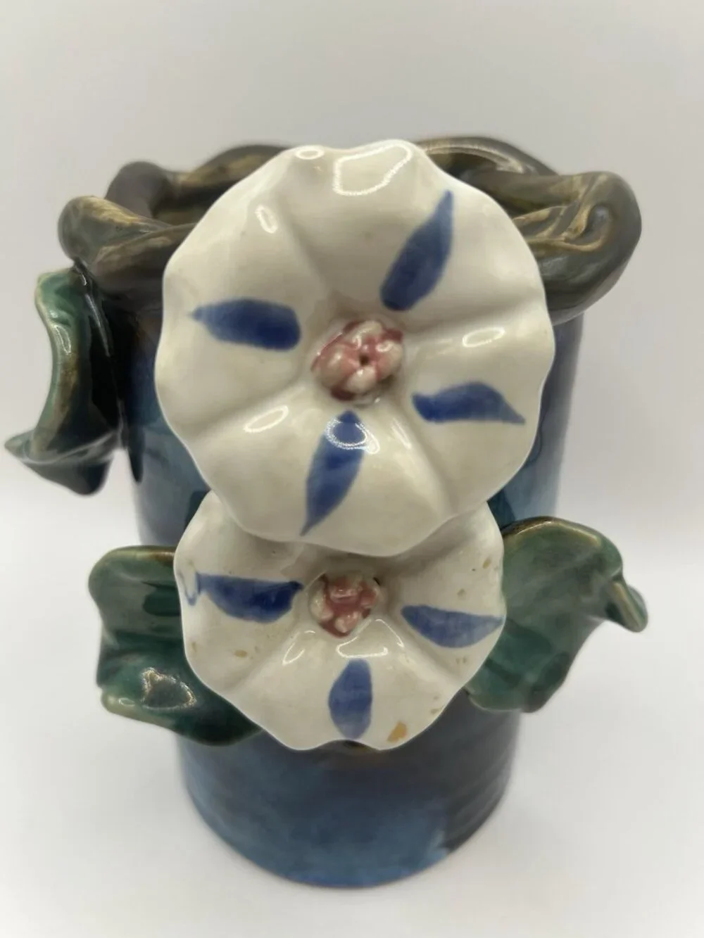 Handmade Studio Pottery Vase Blue Drip Glaze Floral Applied Art Vase Majolica￼